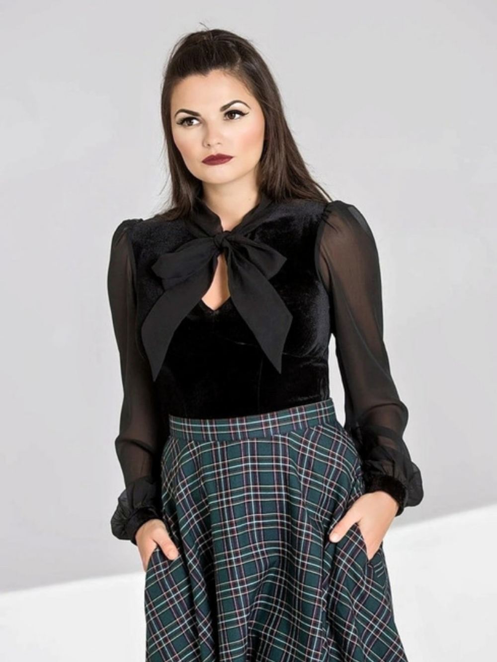 Hell Bunny Gabriella Top Black Bow Neck Blouse